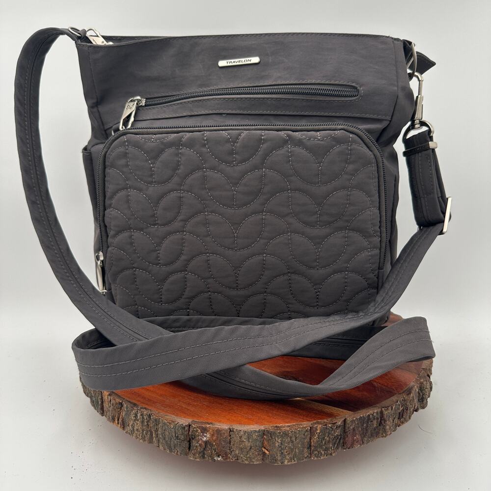 Travelon Anti Theft Quilted Crossbody Shoulder Bag Gray Purse 1 Drink Pocket EUC